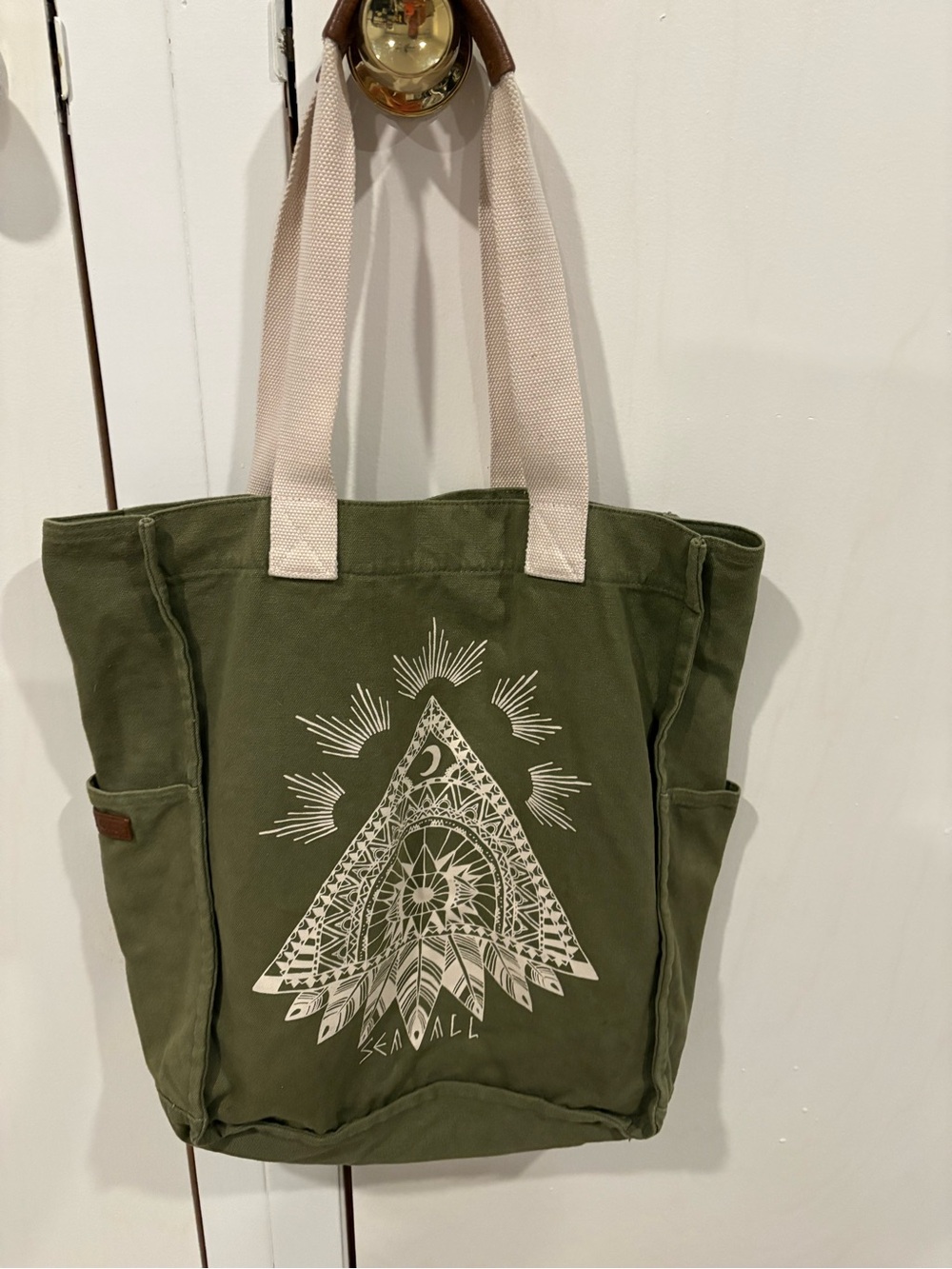 Billabong Olive Canvas Tote Bag with Cream Handles
